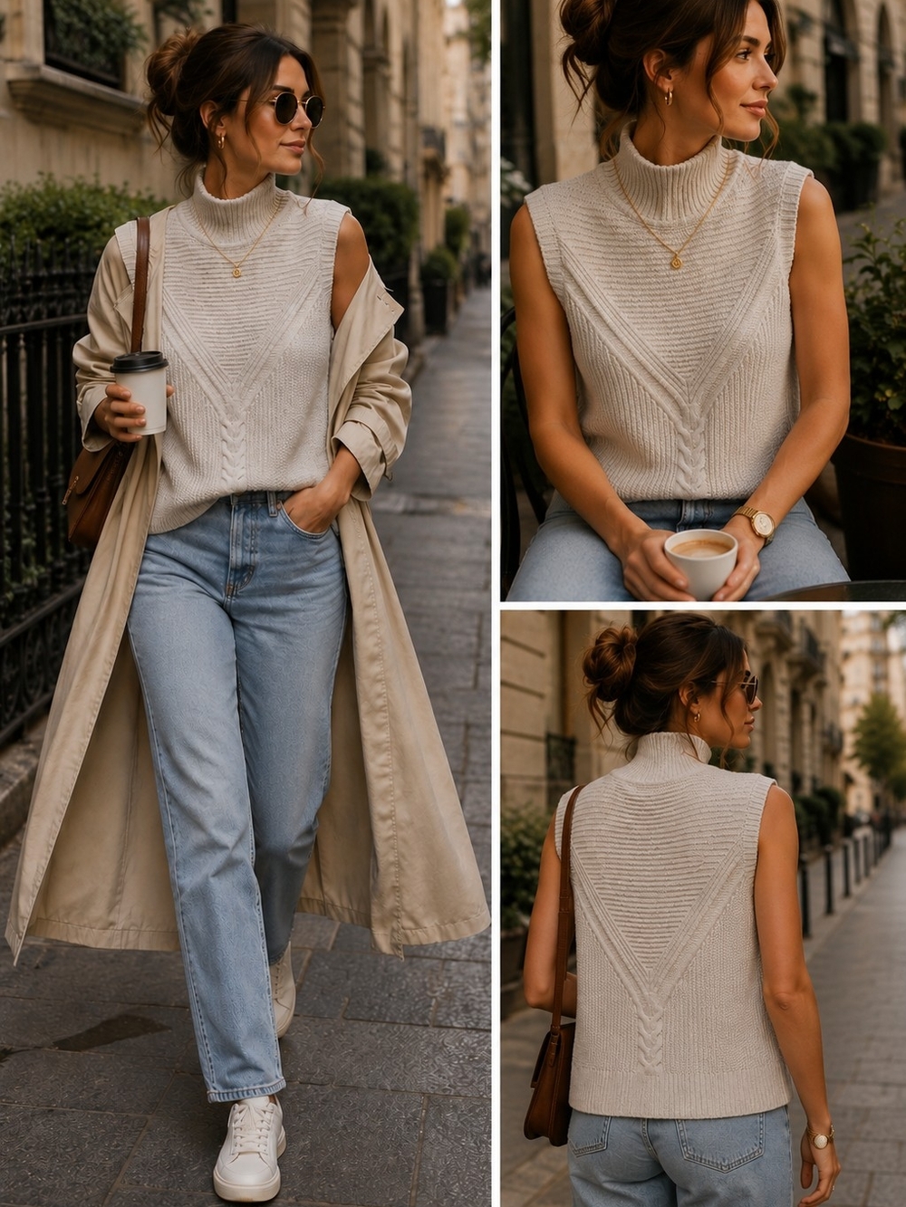 Sleeveless Knit Turtleneck Sweater Vest in Light Beige, NWOT, L